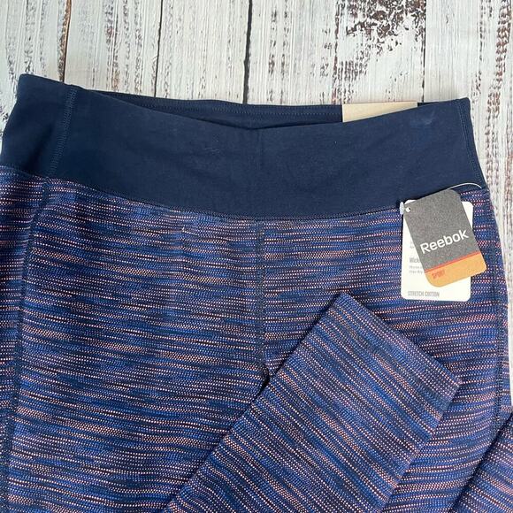 Reebok Stretch Cotton Tight Fit Yoga Fitness Pants Leggings sz Medium Blue Pink - Picture 2 of 6